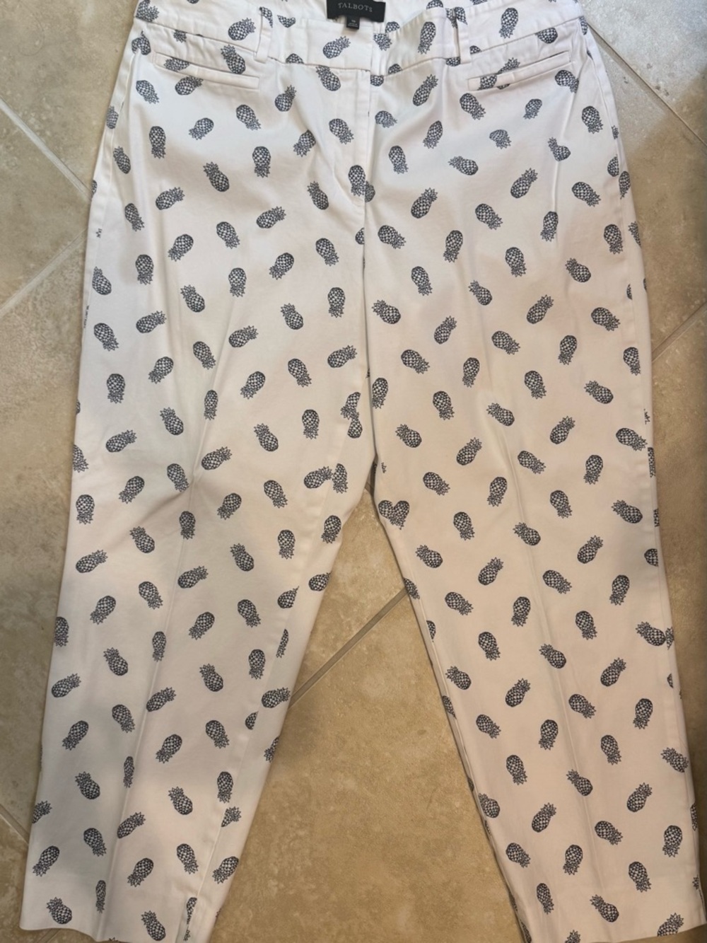 Talbots White Pants with Navy Pineapple Print